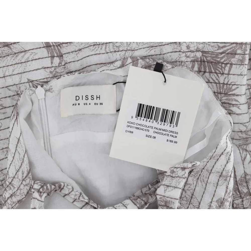 NWT DISSH WOMEN SIZE 4 KOKO CHOCOLATE PALM MIDI DRESS/ Beige White Flora Linen - Picture 10 of 12